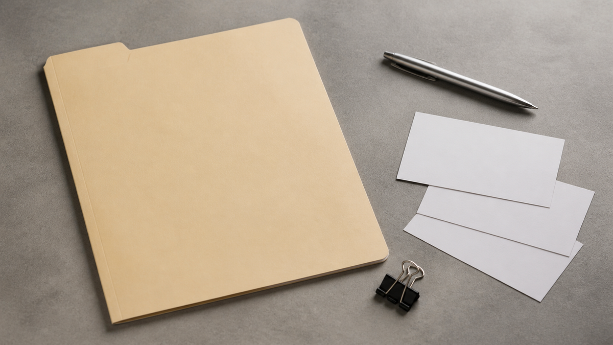 A close perspective of a blank manila folder on a neutral grey table accompanied by a simple silver pen and a plain white index card