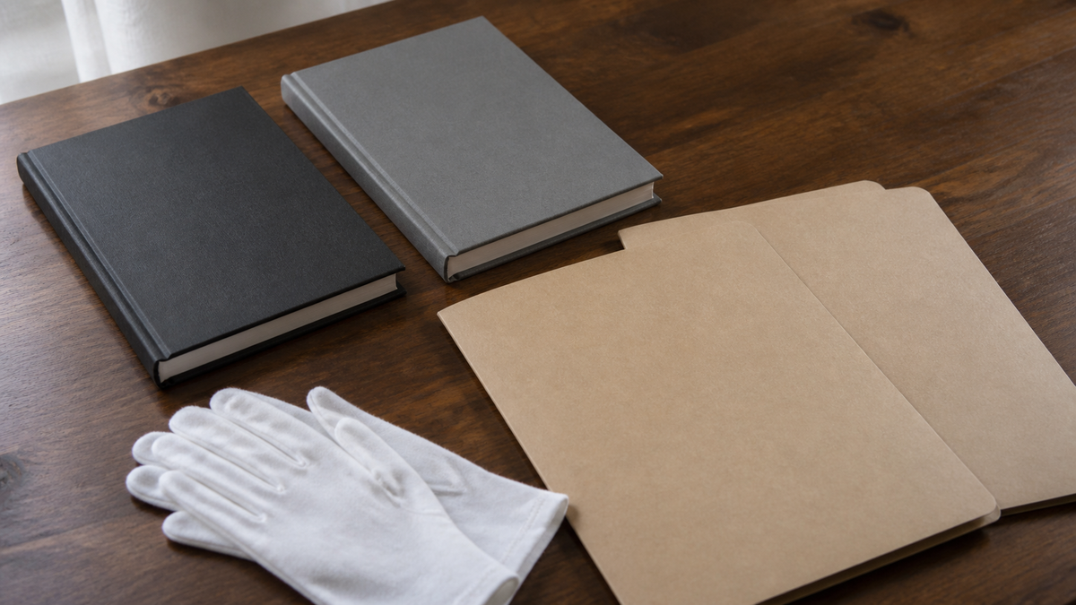 Two blank hardbound notebooks, kraft folders, and white archival gloves on a wooden table